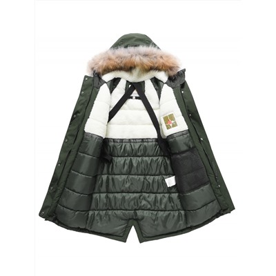 Парка зимняя подростковая для девочки с капюшоном и мехом темно-зеленого цвета 9536TZ