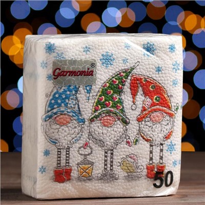Салфетки новогодние бумажные «Сказочные гномы», 24×24 см, 50 шт.