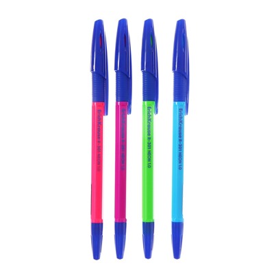 Ручка шариковая ErichKrause R-301 Neon Stick & Grip, узел 0,7-1.0 мм, чернила синие, резиновый держатель, длина линии письма 2000 метров, МИКС