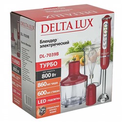 Блендер погружной 800 Вт DELTA LUX DL-7039B с измельчителем, венчиком, стаканом, красный