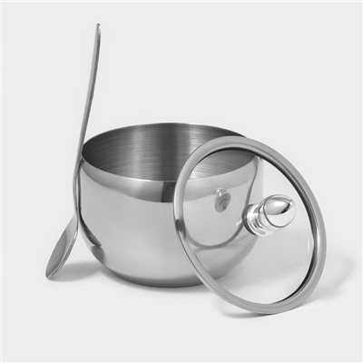 Сахарница Доляна, 250 мл, 8.5×10 см, с крышкой, с ложкой, нержавеющая сталь, серебристая