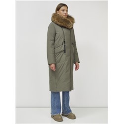 Пальто зимнее женское с мехом енот премиум класса цвета хаки 3006_1Kh