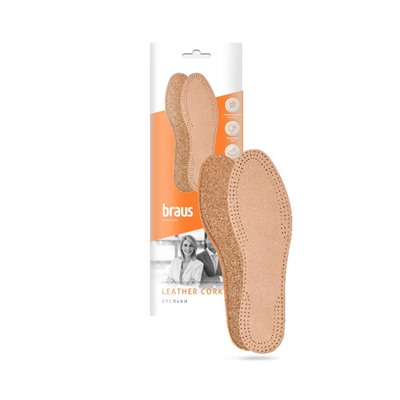 BRAUS Стельки Leather CORK (кожа+натуральная пробка)БЕЖЕВЫЕ р.45-46