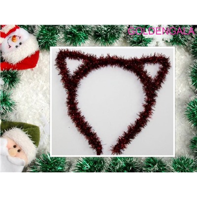 Ободок с ушками из мишуры новогодний ОБ25 Цвет красный электрик