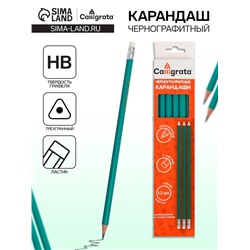 Карандаш чернографитный с ластиком, твёрдость НВ, корпус трёхгранный, пластиковый, зелёный