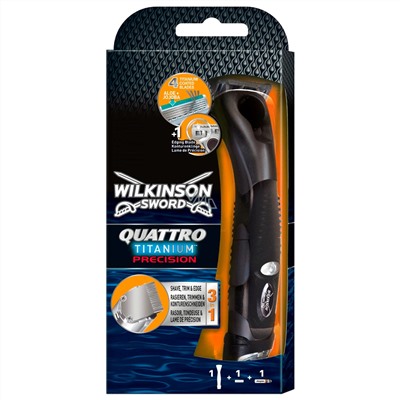 Станок для бритья Schick (Wilkinson Sword) QUATTRO Titanium Precision (+1 кассета) с триммером и батарейкой