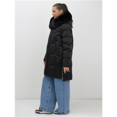 Пальто зимнее утепленное с мехом и капюшоном тренд черного цвета 7630Ch