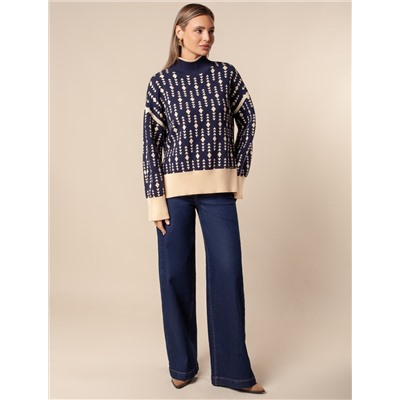 Свитер с боковыми разрезами жаккардовой вязки с кашемиром