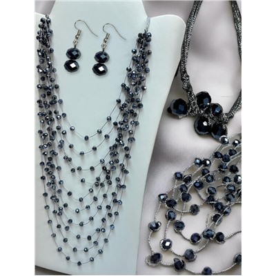 Комплект бижутерии "Хрустальная россыпь" , цвет синий гематитовый