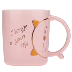 Кружка фарфоровая "Change your life" 400мл, д8,6см h10см, матовая глазурь, деколь с золотом, цвет - светло-розовый, д/горла 8,5см, д/основания 6,7см, в подарочной коробке (Китай)