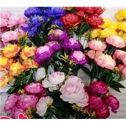 Цветы искусственные декоративные Пион двухцветный + зелень желто-зеленая (7 цветков) 40 см