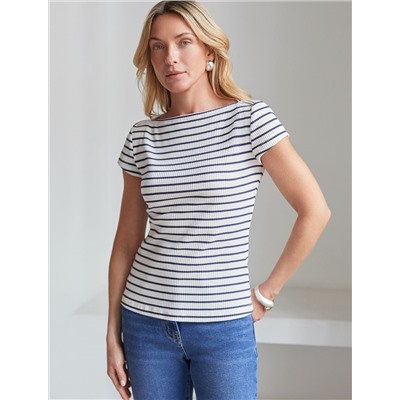 Футболка в полоску с вырезом лодочка из трикотажа в широкий рубчик