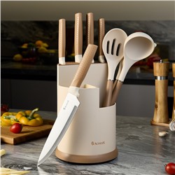 НАБОР AGNESS ИЗ 9ПР: 5 НОЖЕЙ, ПОЛОВНИК, ЛОПАТКА И ШУМОВКА, ВРАЩАЮЩАЯСЯ ПОДСТАВКА