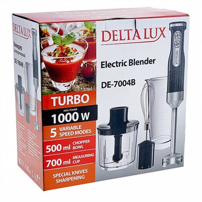 Блендер погружной 1000 Вт DELTA LUX DE-7004B с измельчителем, венчиком, стаканом, черный