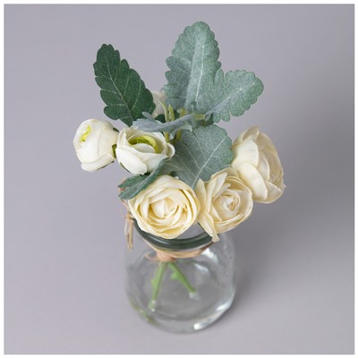 БУКЕТ ИСКУССТВЕННЫХ ЦВЕТОВ В КРУГЛОЙ ВАЗЕ ВЫСОТА= 16СМ  (МАЛ=8ШТ./КОР=64ШТ.)