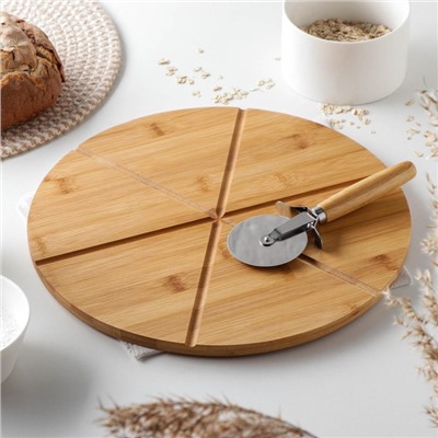 Доска для подачи пиццы Доляна, d=32 см, в комплекте с ножом, бамбук, нержавеющая сталь