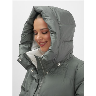 Пальто зимнее утепленное с капюшоном женское цвета хаки 7747Kh