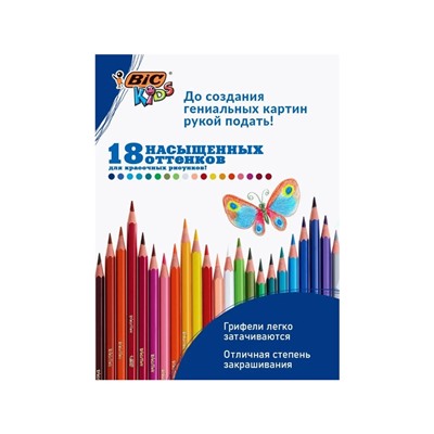 Карандаши цветные 18 цветов, детские, шестигранные, BIC Kids Tropicolors, пластиковые, ударопрочный грифель 3.2 мм