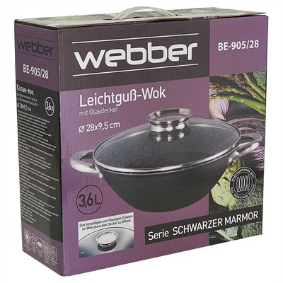 Казан-вок 28 см, 3,6 л, из облегченного чугуна со стеклянной крышкой WEBBER BE-905/28 «Black Marble»