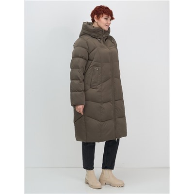 Пальто зимнее утепленное с капюшоном женское коричневого цвета 7702K