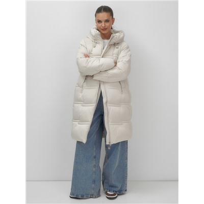 Пальто зимнее утепленное с капюшоном женское бежевого цвета 7779B