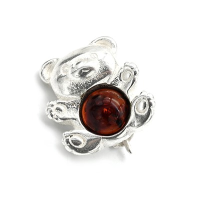 Брошь Мишка 15*16мм с янтарём в посеребрении цв.коньячный