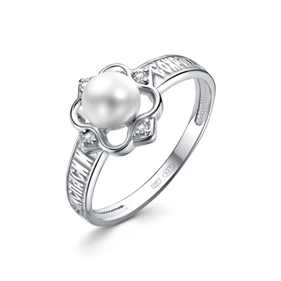 Кольцо (Спаси и Сохрани) из серебра родированное литье с иск.жемчугом