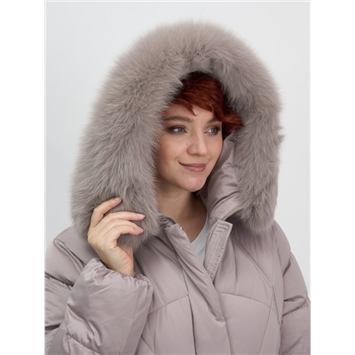 Куртка зимняя женская с мехом и капюшоном тренд светло-коричневого цвета 7656SK