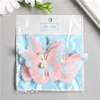 Декор для творчества текстиль вышивка «Бабочка розово-голубая», двойные крылья, 5×6.3 см