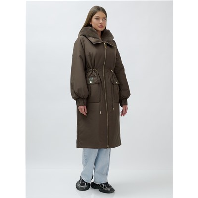 Пальто зимнее женское стильное с норкой люкс класса коричневого цвета 8628K