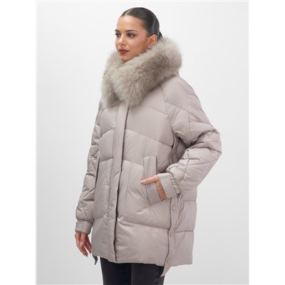 Куртка зимняя женская с мехом и капюшоном тренд светло-коричневого цвета 7608SK