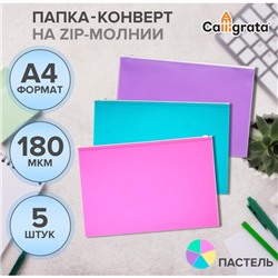 Набор папок-конвертов на ZIP-молнии A4, 180 мкм, Calligrata «Акварель», полупрозрачные, 5 штук, МИКС