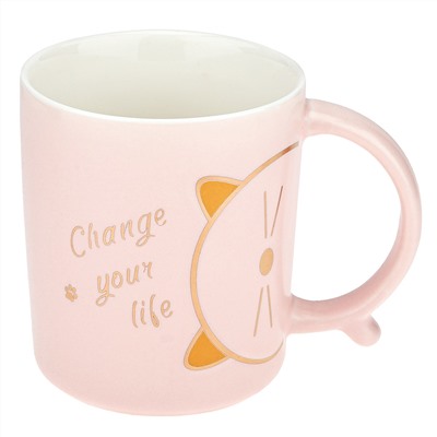 Кружка фарфоровая "Change your life" 400мл, д8,6см h10см, матовая глазурь, деколь с золотом, цвет - светло-розовый, д/горла 8,5см, д/основания 6,7см, в подарочной коробке (Китай)