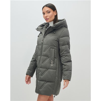 Куртка зимняя женская классическая с капюшоном темно-серого цвета 7671TC