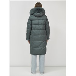 Пальто зимнее женское с мехом и овчиной премиум класса темно-зеленого цвета 3196TZ