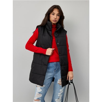 Утепленный женский жилет с поясом цвет-черный