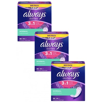 always Slipeinlage Fresh&Protect Normal BigPack 56 St, Прокладки Ежедневные Normal 56 штук, 3 упаковки (168 штук)