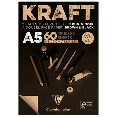 Скетчбук - блокнот 60л. А5 на склейке Clairefontaine "Kraft", 90г/м2,верже,черный/крафт
