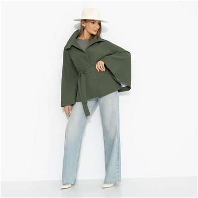 Жакет‑кейп на подкладе, Дикое притяжение (с поясом, хаки)