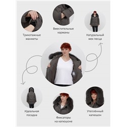 Куртка зимняя женская с мехом и капюшоном тренд темно-серого цвета 7656TC