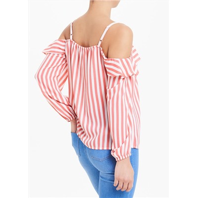 Papaya Petite Stripe Ruffle Cold Shoulder Blouse