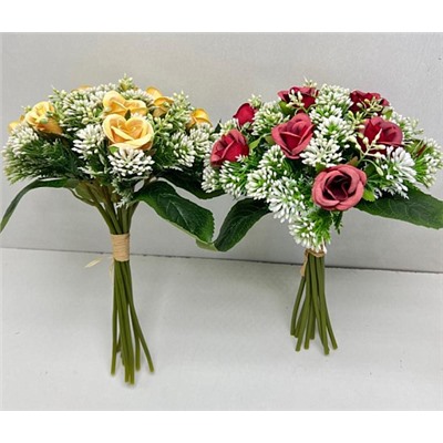 Цветы искусственные декоративные Букет роз 10 отдельных веток + зелень 28 см