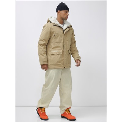 Парка мужская зимняя удлиненная с мехом горчичного цвета 8751G