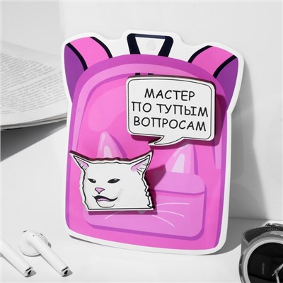 Набор брошей деревянных (2шт) "Рюкзак" котик, цвет белый