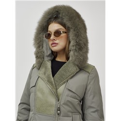 Пальто зимнее женское с мехом и овчиной премиум класса цвета хаки 3113Kh