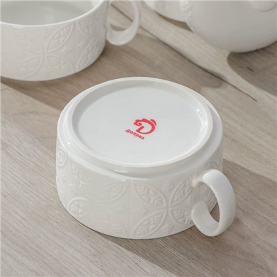 Набор чайный Доляна «Эстет. Орнамент», 3 предмета: чайник 400 мл, 2 кружки 280 мл, фарфор, белый