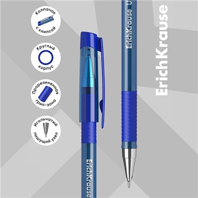 Ручка шариковая ErichKrause ULTRA-30, узел-игла 0.7 мм, чернила синие, резиновый упор, длина линии письма 2000 метров