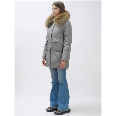 Куртка женская зимняя с мехом енот премиум класса темно-серого цвета 3141TC