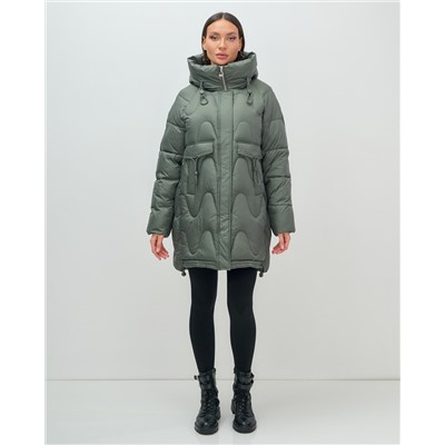 Куртка зимняя женская с капюшоном модная цвета хаки 7653Kh