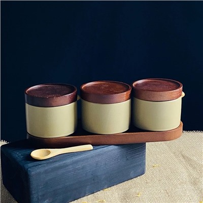 235-113 Набор из 3 банок 250мл с крышками и ложками на подставке TROPICAL в под.уп.(х12)Фарфор